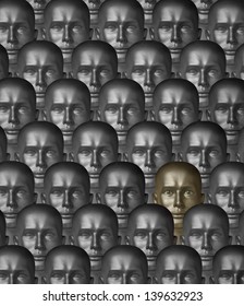 Rows robot androids of various metals or alloys, one with human eyes