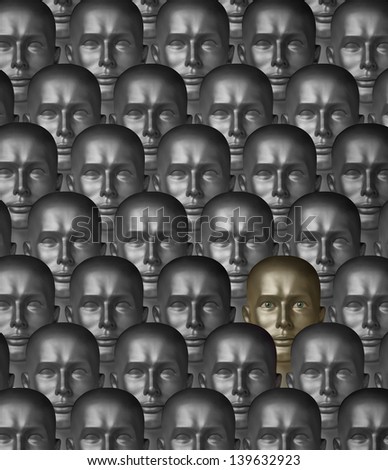 Rows robot androids of various metals or alloys, one with human eyes