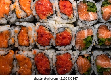 Rows Of Salmon And Spicy Tuna Sushi