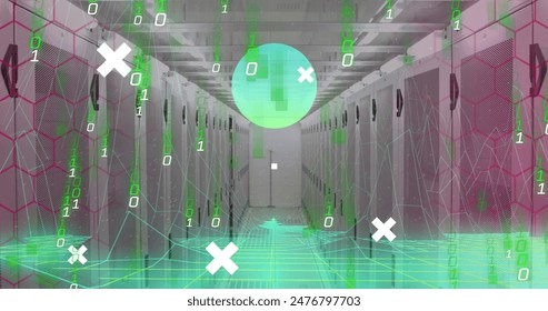 Rows of server racks in data center with digital graphics overlaying scene. Green and white binary code and geometric shapes create a futuristic atmosphere