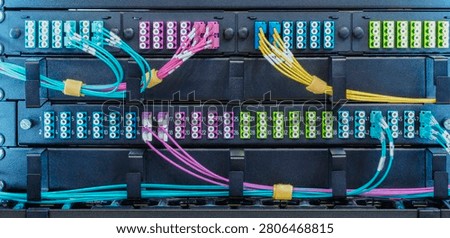 Rows of server racks dominate the scene. Numerous ports connect to coiled white cables. Structured layout displays server infrastructure. Ideal for IT or data center projects