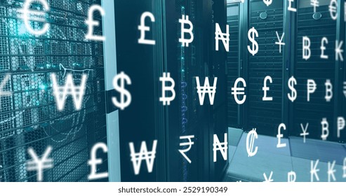 Rows of server racks with glowing currency symbols representing digital money. Blue light illuminates hardware, symbolizing data processing and storage
