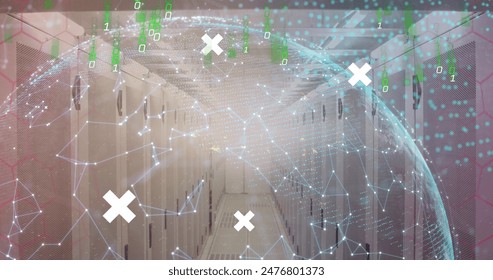 Rows of servers in data center with digital graphics overlaying scene. The graphics depict cloud computing concepts with binary code and network connections
