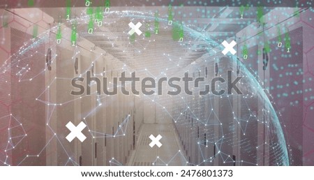 Rows of servers in data center with digital graphics overlaying scene. The graphics depict cloud computing concepts with binary code and network connections