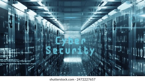 Rows of servers with digital text Cyber Security overlaying image. The servers are in high-tech data center with blue lighting and binary code projections