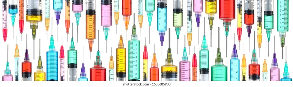 Rows sharp syringes filled with bright colors. Healthcare drugs, medicine, or vaccines concept.