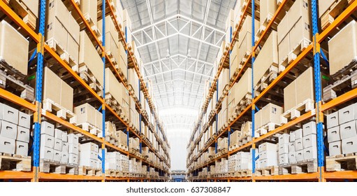 Rows Of Shelves With Goods Boxes In Modern Industry Warehouse Store At Factory  Warehouse Storage