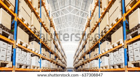 Rows of shelves with goods boxes in modern industry warehouse store at factory  warehouse storage