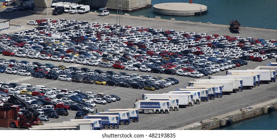 Rows Of Similar Cars In A Port Facility, Barcelona, Spain, July 2016