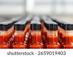 Rows of small bottles containing hot sauce move along a conveyor belt, ready for packaging and distribution