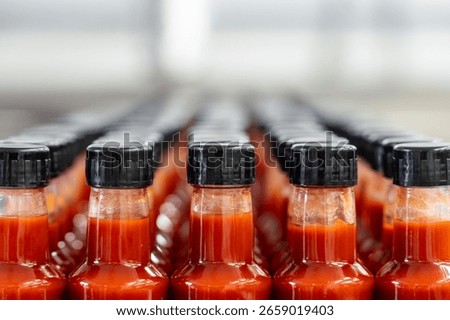 Rows of small bottles containing hot sauce move along a conveyor belt, ready for packaging and distribution