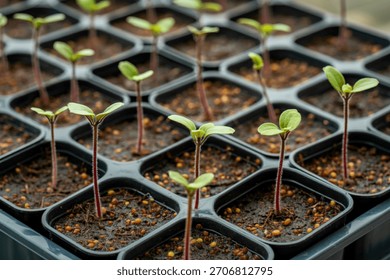Rows of tiny green seedlings with delicate stems are emerging from soil in a black plastic seed tray, ready for transplanting.