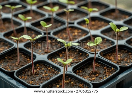 Rows of tiny green seedlings with delicate stems are emerging from soil in a black plastic seed tray, ready for transplanting.