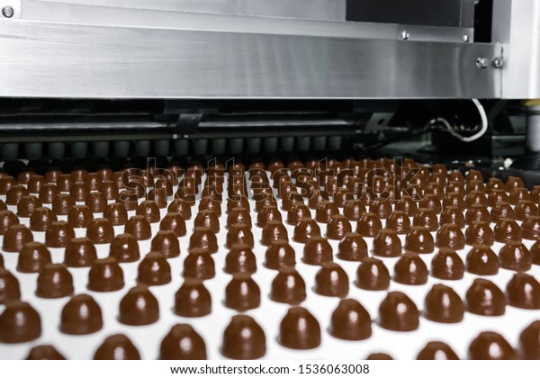 rows of toppings for chocolates\
manufactured by machine, on a conveyor of a chocolate factory\
