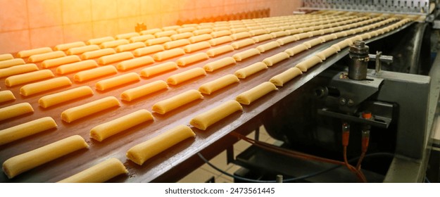 Rows of uncooked bread rolls are neatly aligned on a factory conveyor belt, ready for baking. The machinery suggests a large-scale production in an industrial bakery setting, emphasizing efficiency - Powered by Shutterstock