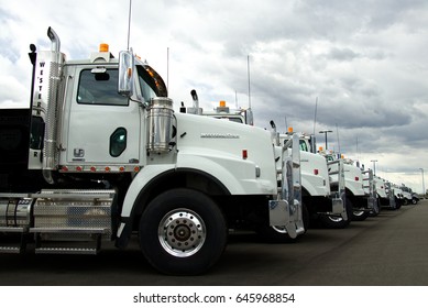 Rows Of Western Star Semi Trucks Sit At A Dealership Under Cloudy Skies. 

May 20th, 2017 
Near Brighton, Colorado USA