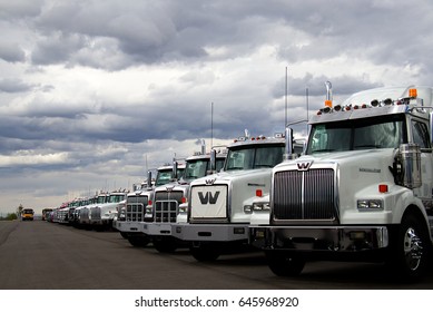 Rows Of Western Star Semi Trucks Sit At A Dealership Under Cloudy Skies. 

May 20th, 2017 
Near Brighton, Colorado USA
