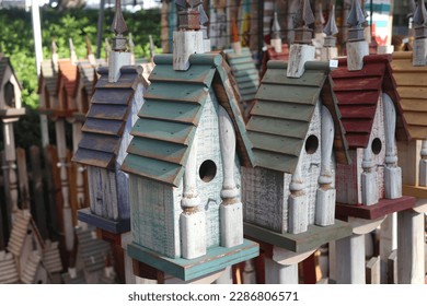 Rows of Wooden Birdhouses for Sale at Spring Festival; Summerville, South Carolina.