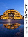 Royal Albert Hall reflected in puddle, London, England, United Kingdom, Europe 