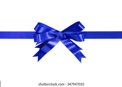 Royal Blue Gift Ribbon Bow Straight Horizontal Isolated On White.