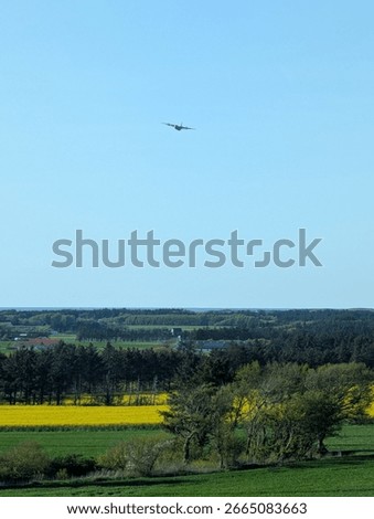 Royal Danish Air Force Lockheed C-130 Hercules in the horizon over Danish green and yellow fields.