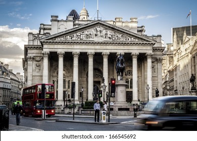 Royal Exchange, London With Red doubledecker - Shutterstock ID 166545692