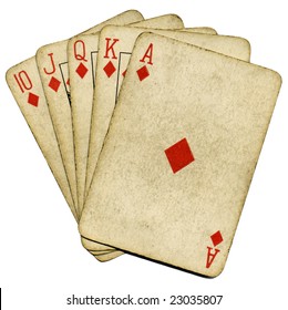 Royal Flush Old Vintage Poker Cards Isolated Over White.