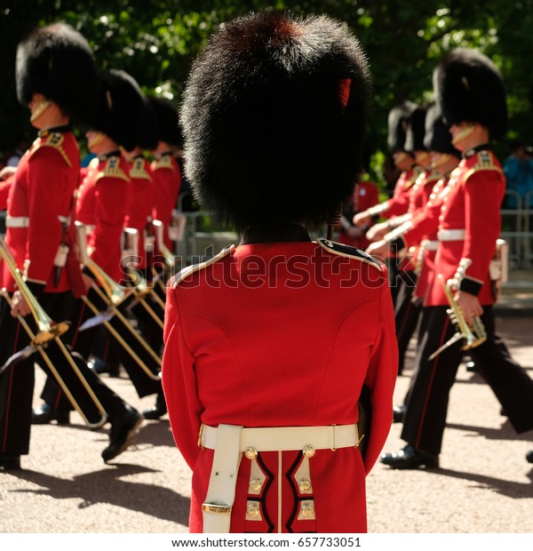Royal Guards taking
part in the traditional Trooping the Colour military ceremony in
London  on a sunny day