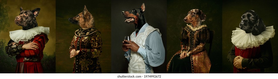 Royal. Models like medieval royalty persons in vintage clothing headed by dog's heads on dark vintage background. Concept of comparison of eras, artwork, renaissance, baroque style. Creative collage. - Shutterstock ID 1974992672