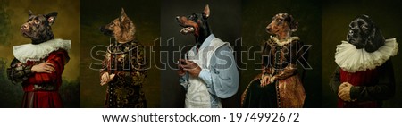 Royal. Models like medieval royalty persons in vintage clothing headed by dog's heads on dark vintage background. Concept of comparison of eras, artwork, renaissance, baroque style. Creative collage.