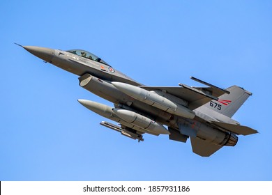 Royal Norwegian Air Force F-16 Viper Fighter Jet In Flight. Belgium, September 14, 2019