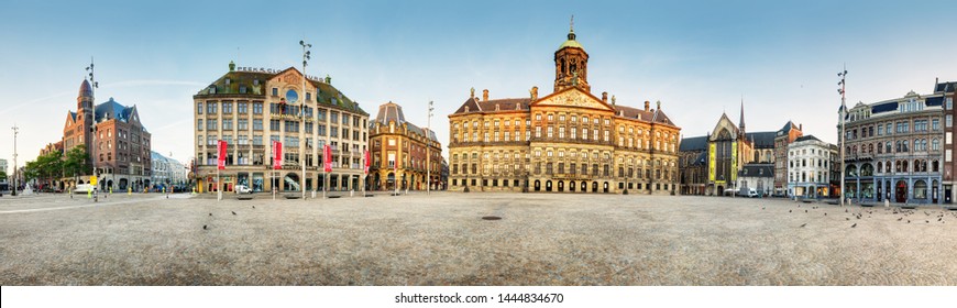 Royal Palace On The Dam Square In Amsterdam, Netherlands, Panorama.