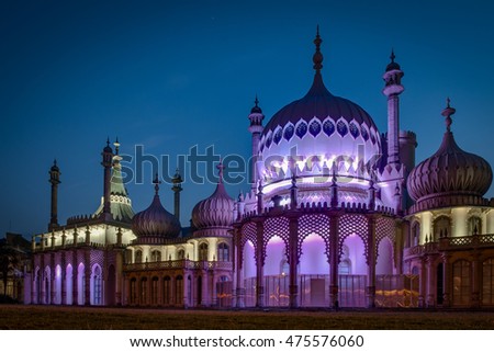 The Royal Pavilion at night is an exotic palace in the centre of Brighton. Built in 1823 for King George IV, is built in the style of Indo-Saracenic Revival architecture common in India and China.