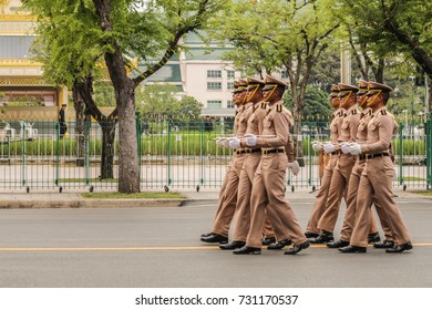 Royal Plaza; Sanam Luang; Bangkok Thailand-October 07,2017; The Royal Guards Of The Royal Thai Armed Forces To Practice Parade To Show Their Loyalty For King Bhumibol Adulyadej.