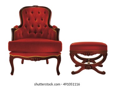 Royal Red Velvet Chair With Stool Isolated