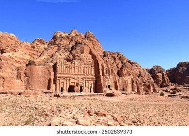 Royal Tombs in Petra in Jordan. Petra is the main attraction of Jordan. Petra is included in the UNESCO heritage list. - Powered by Shutterstock