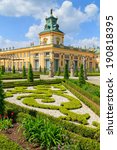 The royal Wilanow Palace in Warsaw, Poland. View of a gardens and facade.