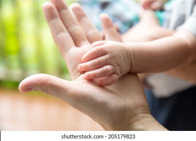 Royalty free image of a baby's hand on top of mother's hand. Shallow depth of field.