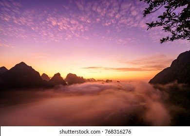 Royalty high quality free stock image aerial view of dawn at Ngoc Con town, Trung Khanh, Cao Bang, Vietnam