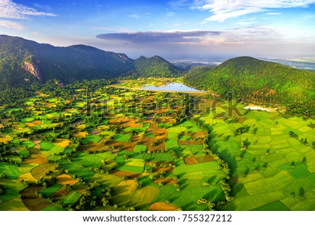 Royalty high quality free stock image aerial view of rice fields in Mekong Delta, Tri Ton town, An Giang province, Vietnam. Ta Pa rice field.