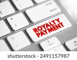 Royalty Payment is a payment made by one party to another that owns a particular asset, text concept button on keyboard