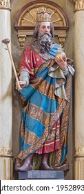 ROZNAVA, SLOVAKIA - APRIL 19, 2014: Carved statue of st. Stephen - king of Hungary from main altar of in st. Ann (Franciscans) church.