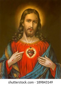 ROZNAVA, SLOVAKIA, JANUARY 1, 2014: Copy Of Typical Catholic Image Of Heart Of Jesus Christ From Slovakia Printed On 19. April 1899 In Germany Originally By Unknown Artist.