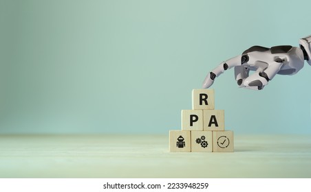 RPA Robotic process automation innovation concept. Robotic hand touching digital interface. AI- Artificial Intelligence, machine learning, digital twin technology. Automate any processes using RPA. - Shutterstock ID 2233948259