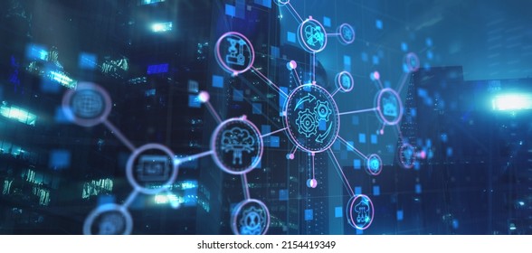 RPA. Robotic Process Automation on modern city abstract background.