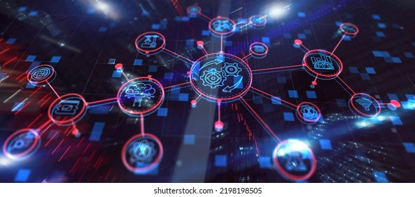 RPA. Robotic Process Automation on modern city abstract background.