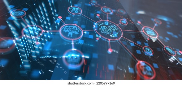 RPA. Robotic Process Automation on modern city abstract background.