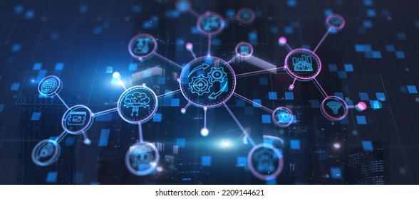 RPA. Robotic Process Automation on modern city abstract background.