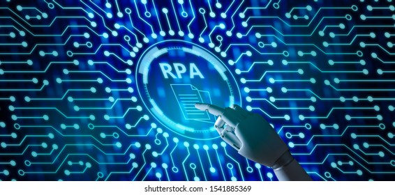 RPA (Robotic Process Automation System),Artificial Intelligence , Robot Finger,robo Advisor ,Big Data And Business Concept.Robot Finger On Blurred Background Using Digital RPA Interface.