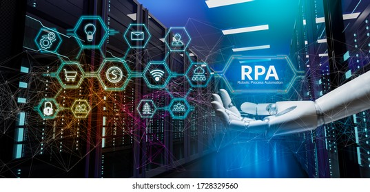 RPA (Robotic Process Automation System),Artificial Intelligence , Robot Finger,robo Advisor ,Big Data And Business Concept.Robot Finger On Blurred Background Using Digital RPA Interface.